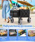 All Terrain Beach Wagon With 9 Inch Inflatable Tires, Heavy Duty Foldable Cart for sand with accessories and storage bags on beach.