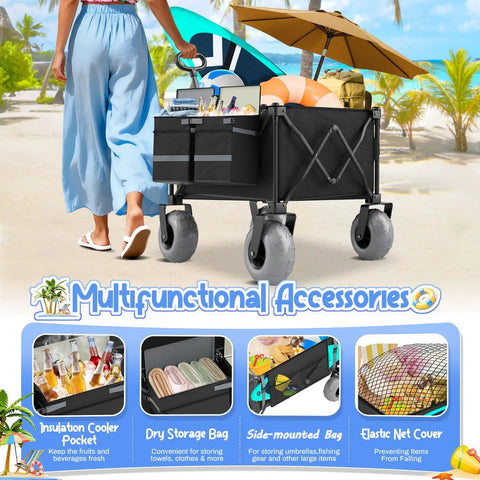 All Terrain Beach Wagon With 9 Inch Inflatable Tires, Heavy Duty Foldable Cart for sand with accessories and storage bags on beach.