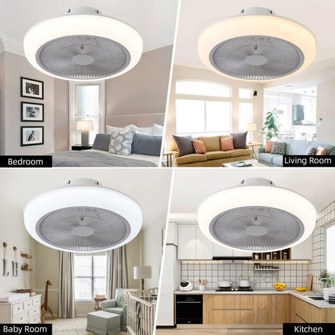 Bladeless 18 Inch Ceiling Fan With Lights Remote Control Dimming Three Gear Wind Speed Enclosed Design in bedroom, living room, baby room, kitchen