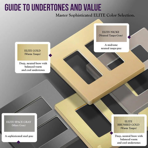 Color selection guide featuring Screwless Decorator Wall Plate 2-Gang Brushed Gold Outlet Cover, different shades displayed.
