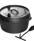 Pre Seasoned Cast Iron Camping Dutch Oven 6 Quart With Lid And Tripod Stand for Outdoor Cooking shown with accessories.