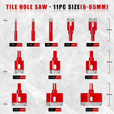 Pro Shop Ready Vacuum Brazed Diamond Hole Saw Kit Contains Eleven Heavy Duty Drill Bits for Tile Concrete sizes 1/4-2-1/2 inch.
