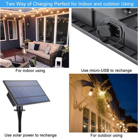 Two charging options for Solar Outdoor String Lights 39 Feet With 16 Hanging Edison Plastic S14 Bulbs, USB and solar panel