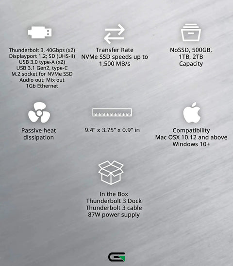 Rock Solid Thunderbolt 3 Nvme Expansion Dock With Two Terabyte M2 Internal Drive specifications and dimensions on a silver background.