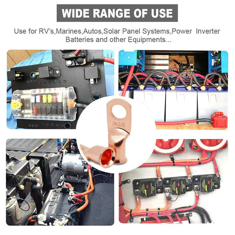 Heavy Duty Battery Lugs And Ring Terminals For 2/0 AWG Cables 3/8 Inch Copper Lugs Battery Cable Ends Terminal Connectors With Ten Pack Heat Shrink Tubing In Red And Black shown in automotive and solar setups
