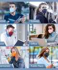 Individuals wearing KN95 Face Mask 5 Ply Breathable Safety Mask Grey Comfortable Disposable Face Covering With Five Layer Filtration in various settings like exercise, subway, school, office, supermarket, and public place.
