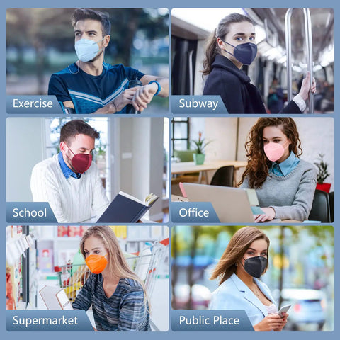 Individuals wearing KN95 Face Mask 5 Ply Breathable Safety Mask Grey Comfortable Disposable Face Covering With Five Layer Filtration in various settings like exercise, subway, school, office, supermarket, and public place.
