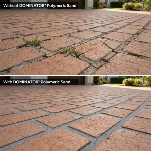 Comparison of patio paver joints, one without and one with Titanium Gray Heavy Duty Polymeric Sand For Patio Paver Joints And Stone Gaps Featuring Ceramic Flex Technology Killer Stability No Sweat Setup 10 Pound Bag.