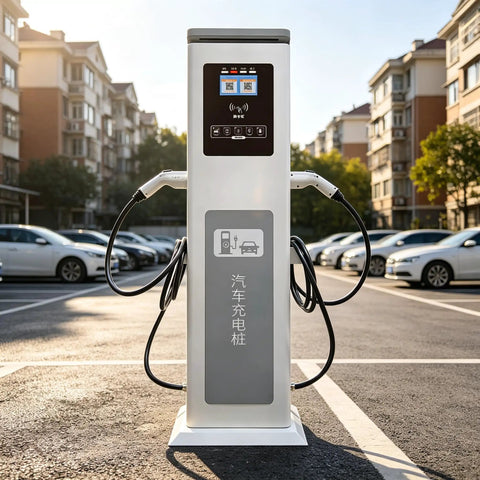 Outdoor Electric Vehicle Charger Commercial Dual Port Charging Station Heavy Duty in a parking lot with parked cars.