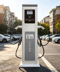 Commercial Dual Port EV Charger Station For Garages Apartments And Workplaces Outdoor Parking Hella Tough Level Two Electric Vehicle Charging Hub With Smart App Monitoring And Weatherproof Build, front view in urban lot.