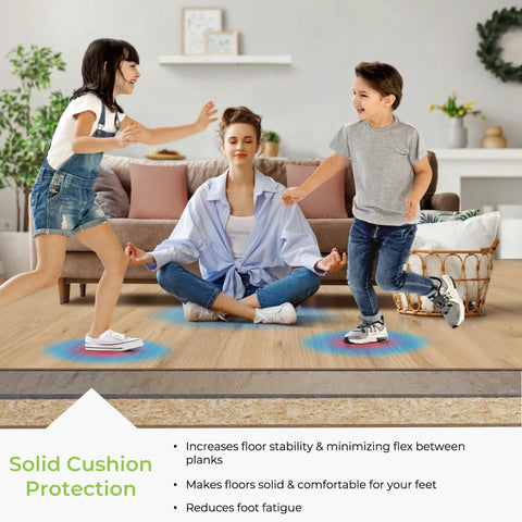 Family enjoying solid cushion protection with Super Quiet Floor Underlayment For Laminate, Wood, Luxury Vinyl And Carpet.