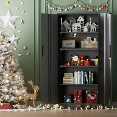 Six Foot Tall Lockable Steel Storage Cabinet With Adjustable Shelves, Heavy Duty Metal Locker, 72 Inch High, Black Matte, decorated for Christmas