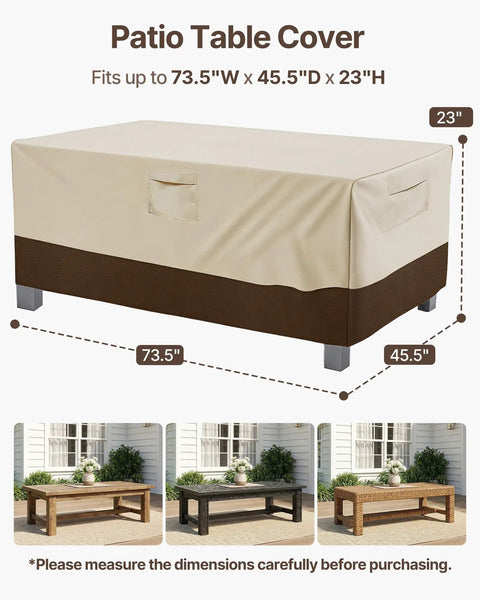 Heavy Duty Waterproof Patio Table Cover For Rectangular Or Oval Tables, All Weather Outdoor Furniture Protector, 600D Oxford Fabric With UV Shield, Dirt Rain Snow Resistant, Large Beige And Brown covering table