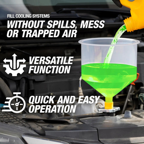 No Spill Coolant Funnel Kit 15 Piece Set for Easy Leak Free Radiator Refills in use on a car engine bay with green fluid.
