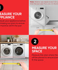 Two-step guide showing how to measure for Built Tough Stainless Steel Washer Drain Pan Tray For No Fuss Leak Prevention And Spill Containment Under Washer Floor Protection 27x25x2.5 Inches Rust Resistant Rugged Laundry Appliance Shield placement under washers.
