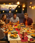 Family dining under Bold 25 Foot Solar Powered String Lights Outdoor Waterproof With 11 Shatterproof G40 LED Bulbs For Backyard Garden