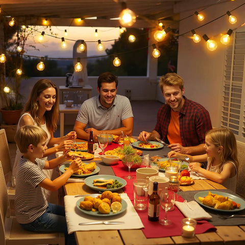 Family dining under Bold 25 Foot Solar Powered String Lights Outdoor Waterproof With 11 Shatterproof G40 LED Bulbs For Backyard Garden