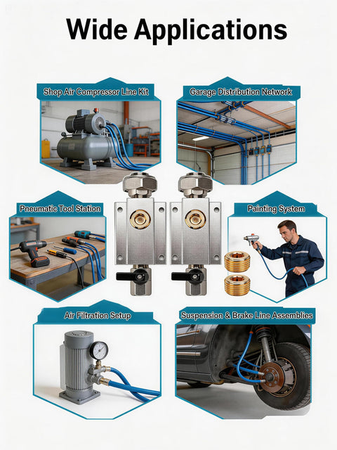 Wide applications of Two Pack Three Quarter Inch Compressed Air Outlet Kit with One Half Inch NPT Manifold in various setups.