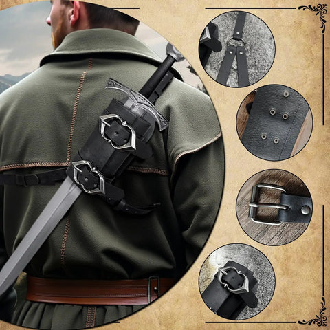 Medieval Faux Leather Back Sword Frog for LARP cosplay shown on model, featuring adjustable vintage buckles and straps.