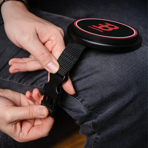 4 Inch Knee Practice Pad Silicone With Medium Rebound And Controlled Volume For Speed, Power And Precision, Great For Downtime Practice On The Couch Or In The Car, Classic Logo, 2 Year Warranty, strapped to thigh