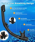 Black dry top snorkel with silicone mouthpiece and draining valve, 180 Degree Panoramic Swim Mask With Anti Fog Tempered Glass Lens And Dry Top Snorkel Kit