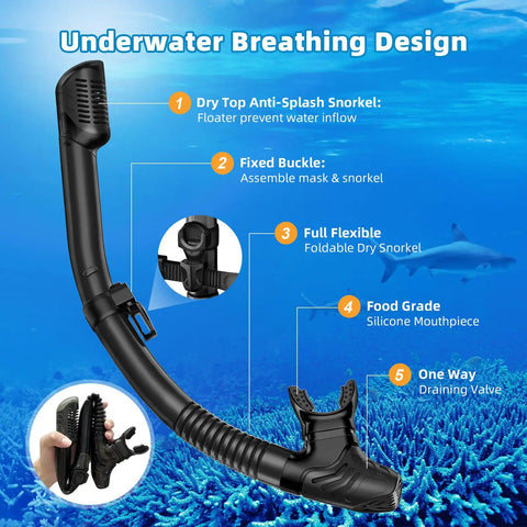 Black dry top snorkel with silicone mouthpiece and draining valve, 180 Degree Panoramic Swim Mask With Anti Fog Tempered Glass Lens And Dry Top Snorkel Kit