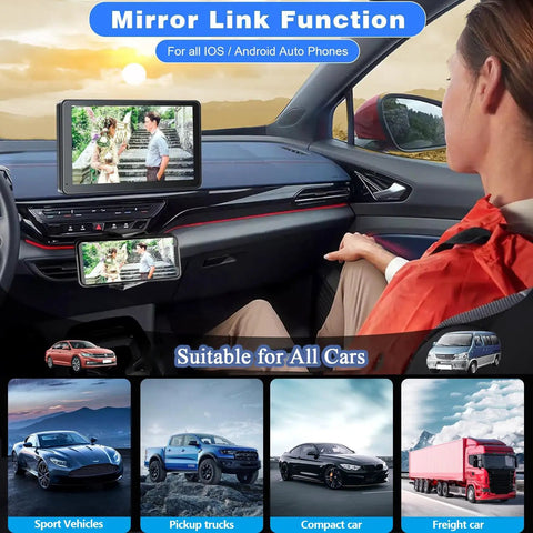 Wireless CarPlay And Android Auto Receiver with 7 inch HD touch screen showing Mirror Link function in vehicle interior.