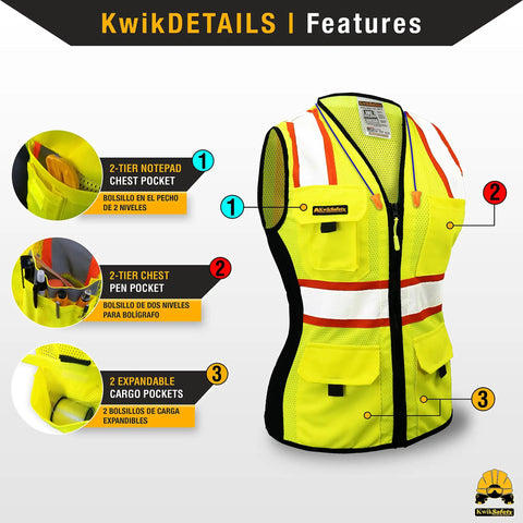Womens Hi Viz Safety Vest With 9 Pockets, Class 2 Reflective ANSI OSHA Rated, Snug Fit Construction Gear, Yellow Small highlighting features