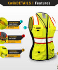 Boss Level Hi Vis Safety Vest For Women With Nine Sick Utility Pockets And Dead Sure Hook Closure High Viz Reflective Tape Class 2 Construction Gear Yellow XS features 2-tier pockets.