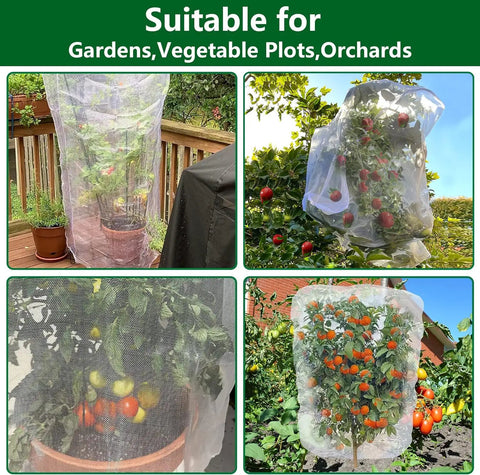 2 Pack Garden Insect Barrier Netting With Drawstring 4.9 By 3.2 Feet Plant Cover installed on fruit trees and veggies.