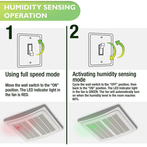 Instructions for Humidity Sensing Bathroom Vent Fan For Large Bathrooms 140 CFM With Auto On Off Quiet Exhaust Powerful Airflow 1.0 Sone Energy Star Rated Red And Green LED Indicators