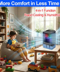 Child sitting near Portable AC Fan 4 In 1 Personal Desktop Air Cooler With Humidifier And 7 Color LED Atmosphere Lights in a cozy room