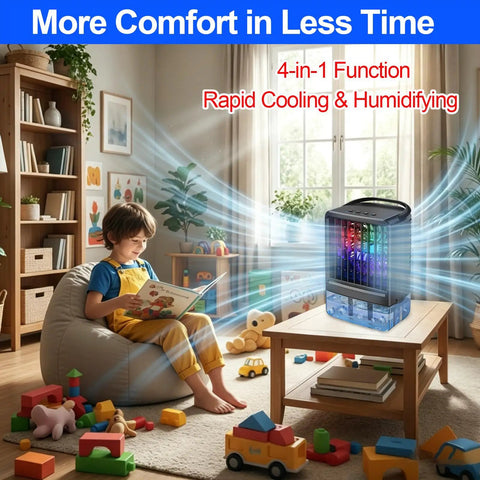Child sitting near Portable AC Fan 4 In 1 Personal Desktop Air Cooler With Humidifier And 7 Color LED Atmosphere Lights in a cozy room