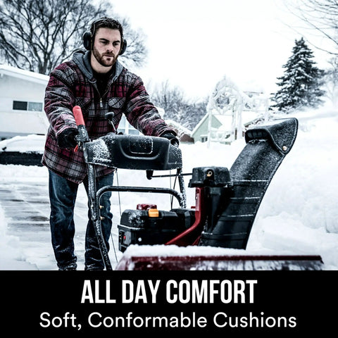 Man using snow blower wearing WorkTunes Connect Hearing Protector With Bluetooth Wireless Tech And High Fidelity Sound 24 DB NRR Earmuffs
