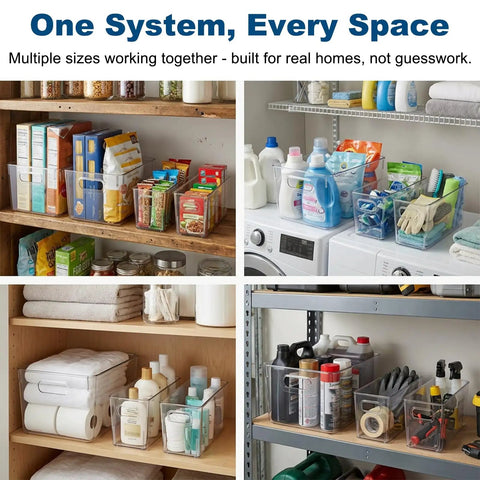 8 Pack Modular Clear Plastic Storage Bins Set With 4 Large And 4 Narrow Nestable Space Saving Bins for Pantry Kitchen Fridge