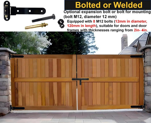 Beefy 13 Inch Heavy Duty Gate Hinges That Handle 900 Lbs Load Capacity on wooden gate; suitable for farm and commercial gates.