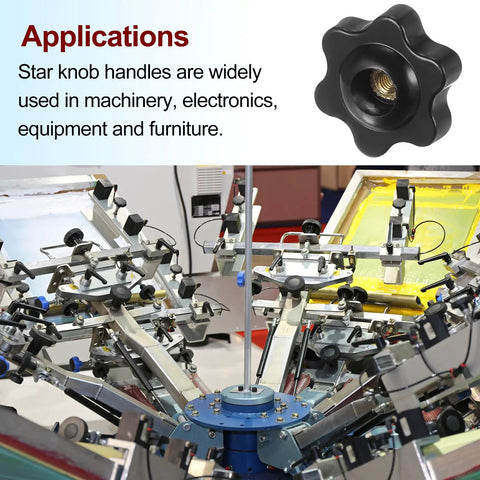 Set Of 4 Black Star Knobs With M4 Female Thread, 25mm Head on machinery setup, showcasing application versatility.