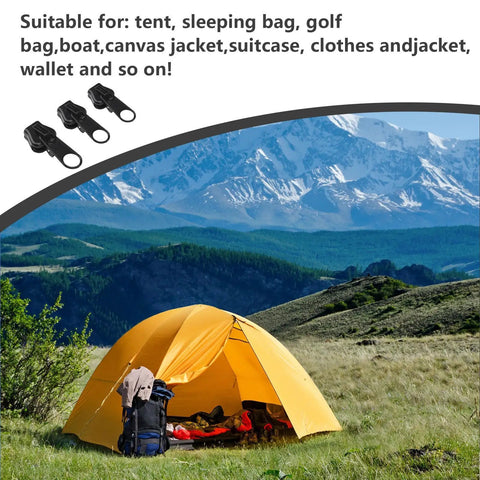 Heavy Duty Zipper Repair Kit 12 Piece Metal Universal Set Three Sizes tent scene with zippers for coats, bags, luggage, outdoor gear.