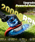 Close-up of Cordless Weed Wacker 21V Battery Powered Lightweight 3in1 Trimmer Edger Brush Cutter showing 20,000 RPM motor.