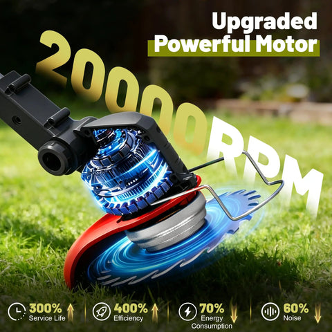 Close-up of Cordless Weed Wacker 21V Battery Powered Lightweight 3in1 Trimmer Edger Brush Cutter showing 20,000 RPM motor.