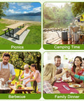 Four scenes: outdoor picnic by lake, camping table with utensils by river, group barbecue, family dinner around table.