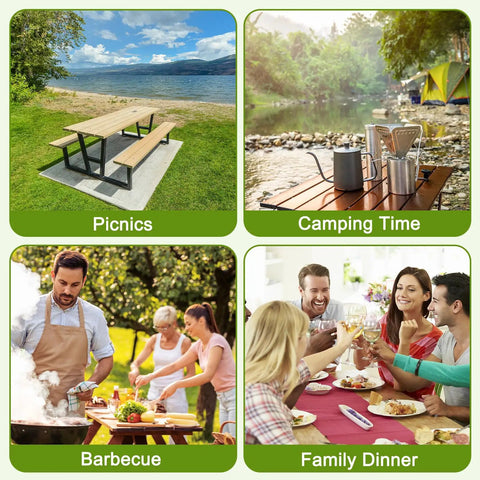 Four scenes: outdoor picnic by lake, camping table with utensils by river, group barbecue, family dinner around table.