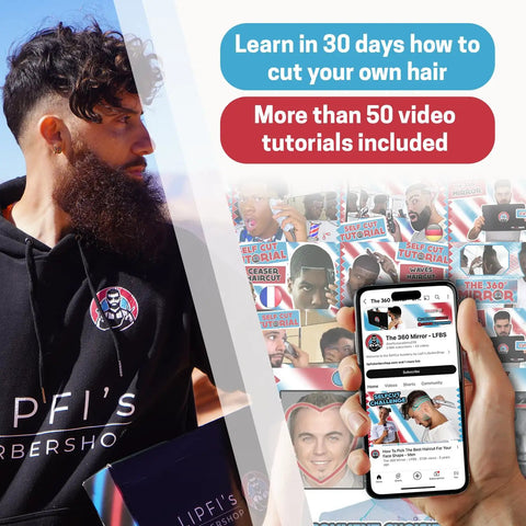 Man with beard holding phone promoting 360 Self Grooming Mirror With Tripod And LED Lights For At Home Pro Grade Haircuts And Makeup