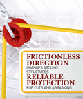 Red ABS roller of Pro Grade Low Voltage Cable Pulley for long runs and 90 degree bends with safety protection sign.