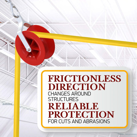 Red ABS roller of Pro Grade Low Voltage Cable Pulley for long runs and 90 degree bends with safety protection sign.