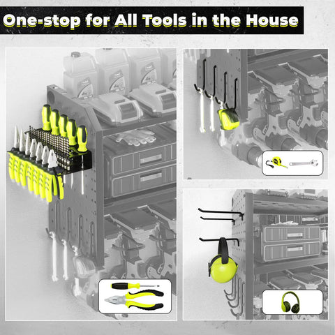 Heavy Duty Metal Power Tool Organizer Wall Mount With Eight Drill Holders, Twelve Hooks, Battery Shelves, And Cordless Drill Storage Rack