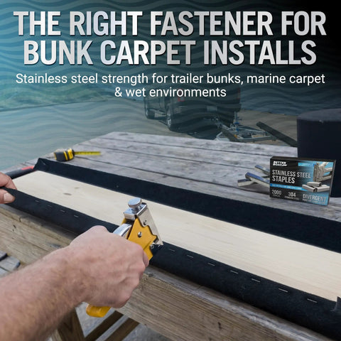 Tough As Nails Marine Grade Type T50 Stainless Steel Staple Gun Nails in use for bunk carpet installation on wood.