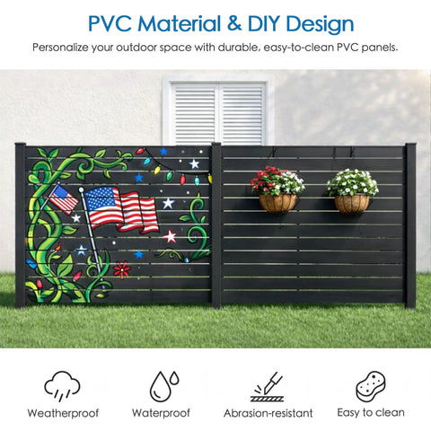 Outdoor Privacy Screen Kit 50 Inch Wide By 48 Inch High Black 3 Panel Fence Panels With Aluminum Posts featuring American flag design