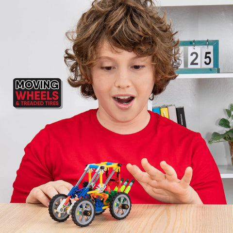 Adventure Wheels Building Set For Creative STEM Play, 480 Classic Pieces To Build Cars, Trucks, And More, Kid Approved, Mega Fun Build Kit For Ages 7 And Up, Amazon Exclusive: child building wheeled model