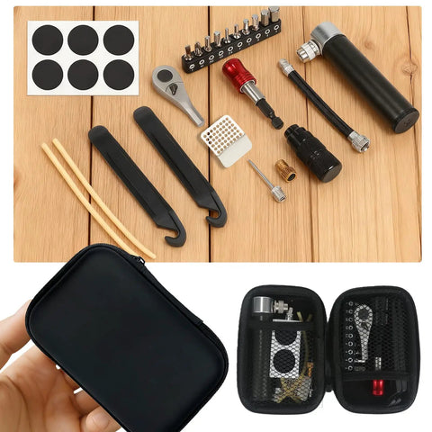 Portable 28 Piece Bike Tool Kit With Magnetic One Quarter Inch Torque Wrench And Ratchet Screwdriver Set For Mountain Road And Electric Bikes Includes Tire Patch Kit Mini Pump And Levers Compact Bicycle Repair Kit displayed on wooden surface with carrying case